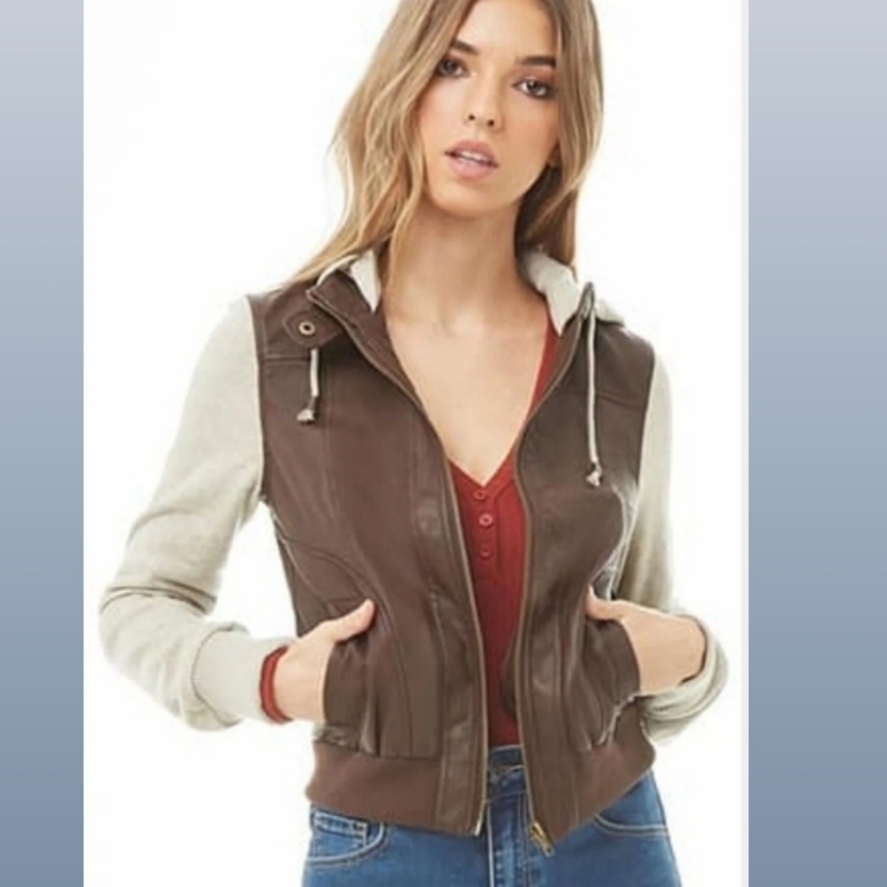 Forever21 faux leather combo bomber jacket